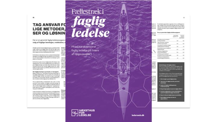 Forside og opslag fra publikationen Fællestræk i faglig ledelse.