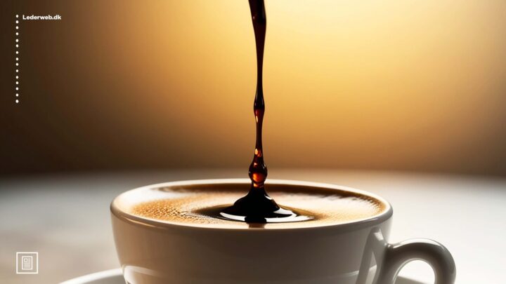 Kaffestråle, der falder ned i kaffekop.