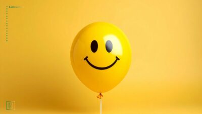 Gul ballon med en smiley malet på og på gul baggrund.