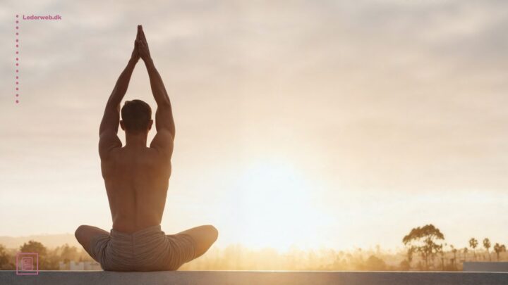 Mand sidder i lotusstilling i modlys.