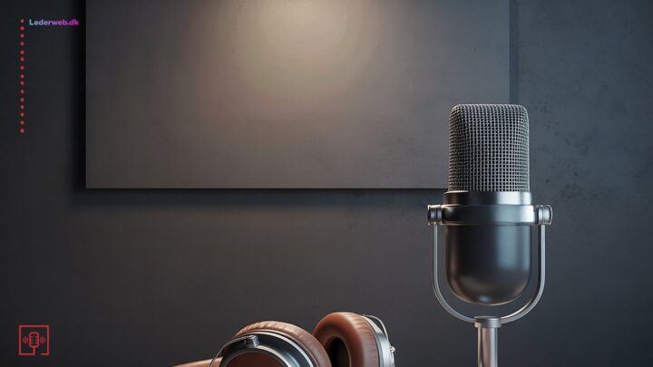 En mikrofon og øretelefoner foran sort væg.