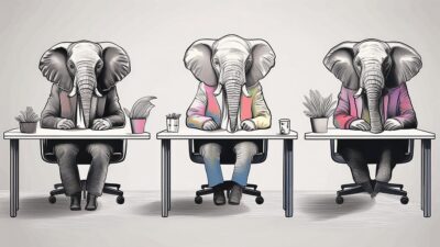 AI-genereret billede af tre elefanter der alle sidder ved hver sit skrivebord