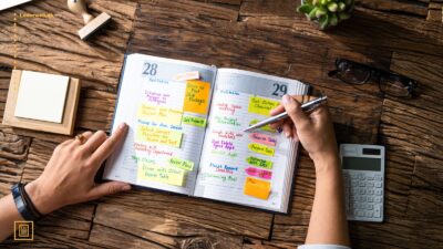 en der skriver i en notesbog