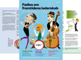 Forside af publikationen Fælles om fremtidens lederskab, hvor en trio spiller henholdsvis bas, trommer og balalejka.