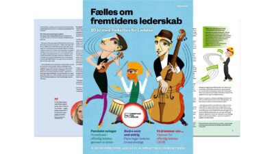 Forside af publikationen Fælles om fremtidens lederskab, hvor en trio spiller henholdsvis bas, trommer og balalejka.