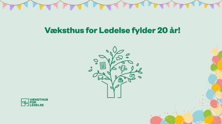 Træ, balloner, vimpel og teksten 'Væksthus for Ledelse fylder 20 år!' på lysegrøn baggrund.
