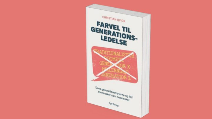 Forside af bogen Farvel til generationsledelse med taleboble, hvor navnene på de forskellige generationer er streget over.